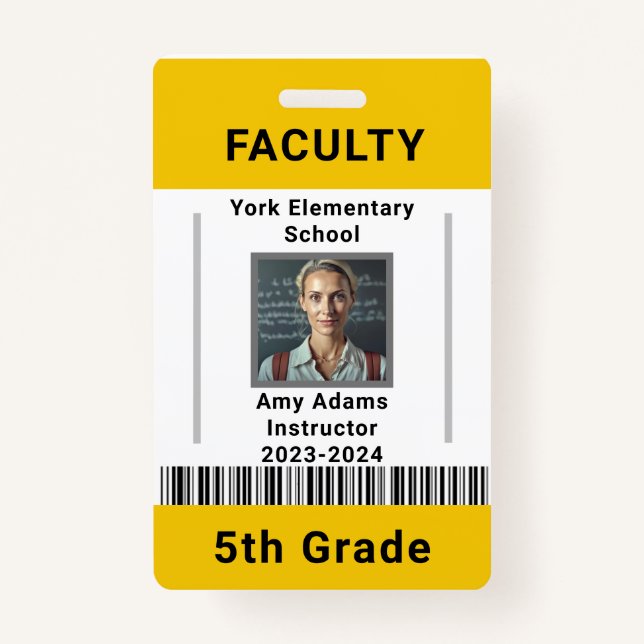 Lehrer-ID-Abzeichen Vorlage W/ Strichcode Gelb Ausweis (Vorderseite)