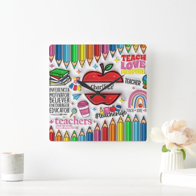 Lehrer: Inspiriert, wachsen, Minds, Herzen Quadratische Wanduhr (Zuhause)