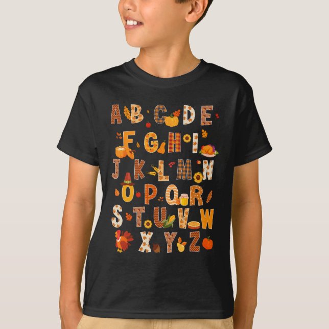 Lehrer Kids Alphabet Türkei Pumpkin Herbst Danke T-Shirt (Vorderseite)