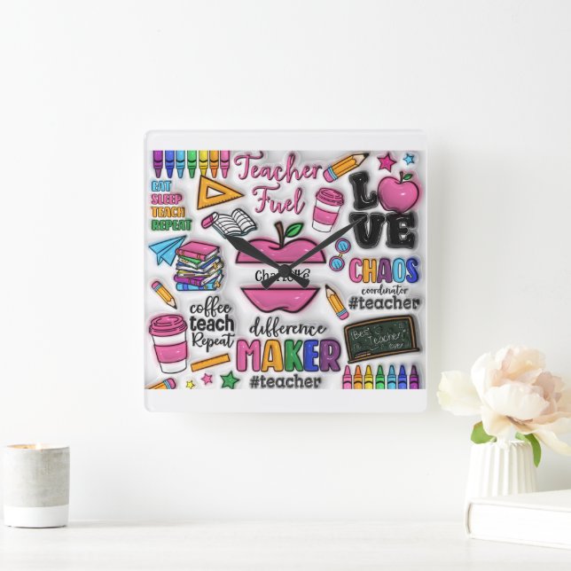 Lehrer: Kraftstoff, Liebe, Inspirier, Wiederholung Quadratische Wanduhr (Zuhause)