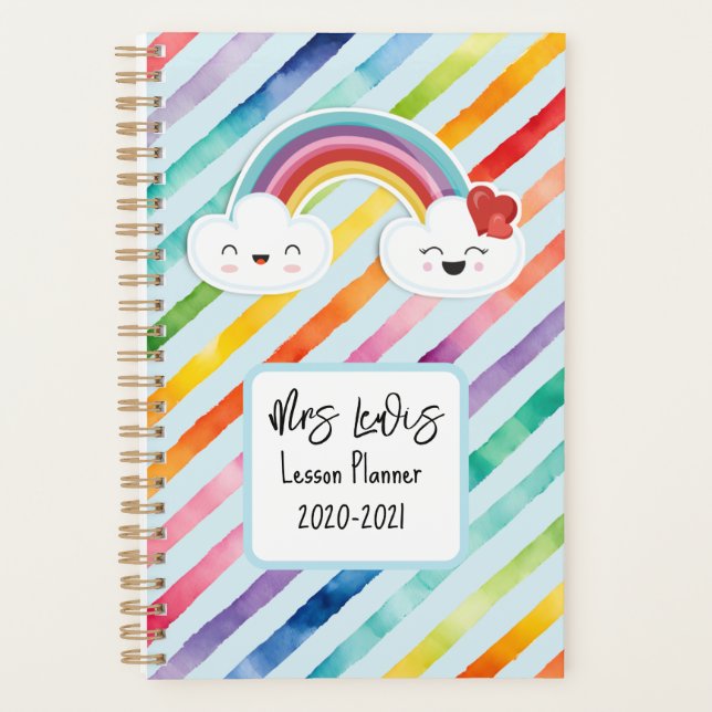 Lehrer LESSON PLANNER MIT NAME Regenbogen Thema Planer (Vorderseite)