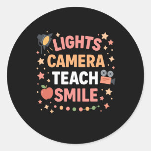 Lehrer Lights Camera Teach Lächeln Lustig Zurück i Runder Aufkleber