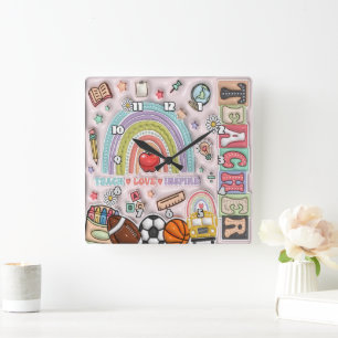 Lehrer: Regenbogen, Liebe, Inspirier, Lernen Quadratische Wanduhr