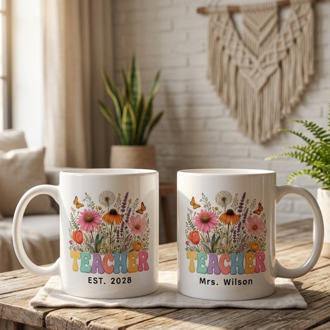 Lehrer | Retro-Blumenlehrer-Abschluss benutzerdefi Kaffeetasse (Custom Name Retro Floral Teacher Mug | Gift to Kindergarten Teacher | Gift to Future Educator)