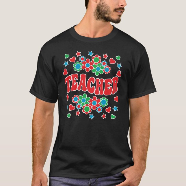 LEHRER-Retro-Groovy, Blume, Herz, Sterne T-Shirt (Vorderseite)