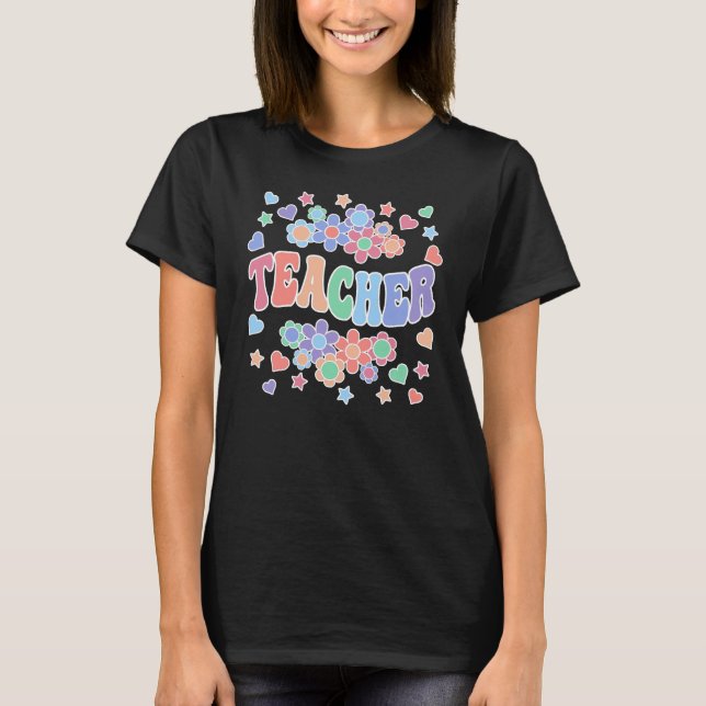 LEHRER-Retro-Groovy, Blume, Herzen, Sterne T-Shi T-Shirt (Vorderseite)