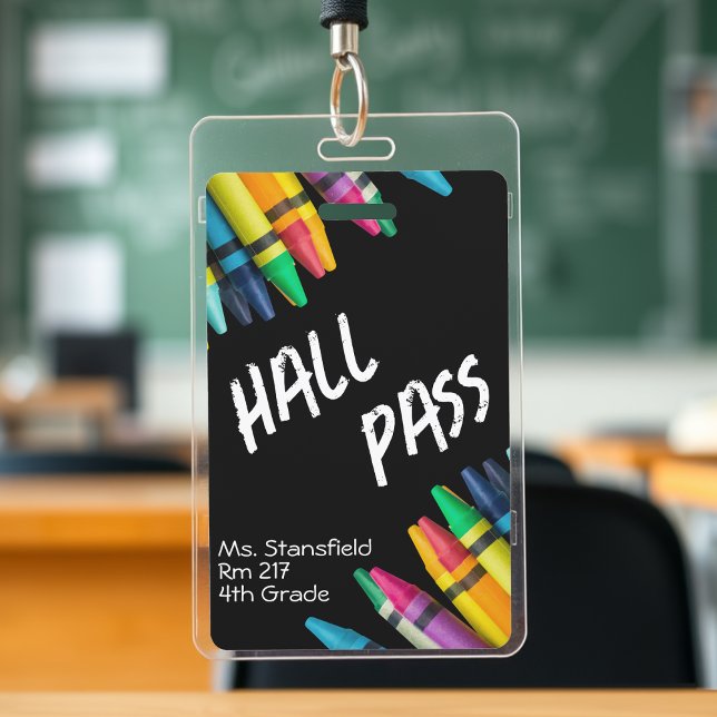 Lehrer Student Crayon Class Bad Hall Pass Ausweis (black and white crayon teacher student hall pass badge)
