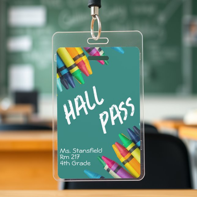 Lehrer Student Crayon Class Bad Hall Pass Ausweis (teal green crayon school teacher student hall pass badge)