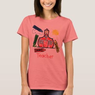 Lehrer T Shirt - Schulhaus und Crayons