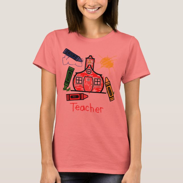 Lehrer T Shirt - Schulhaus und Crayons (Vorderseite)