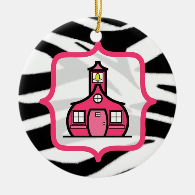Lehrer-Weihnachtsverzierung - Zebra-Druck u. Rosa Keramik Ornament (Vorne)