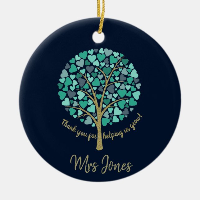 Lehrer Wertgutschein Gold Glitzer Herzbaum Keramik Ornament (Vorne)