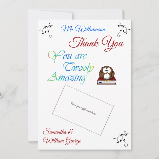Lehrer Wertschätzung Owl dank Karteninhaber Karte (Vorderseite)