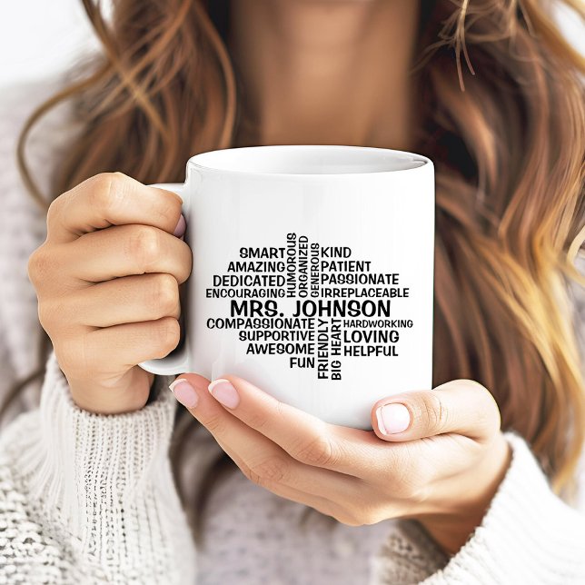 Lehrer Word Cloud Name und Eigenschaften Kaffeetasse (Von Creator hochgeladen)