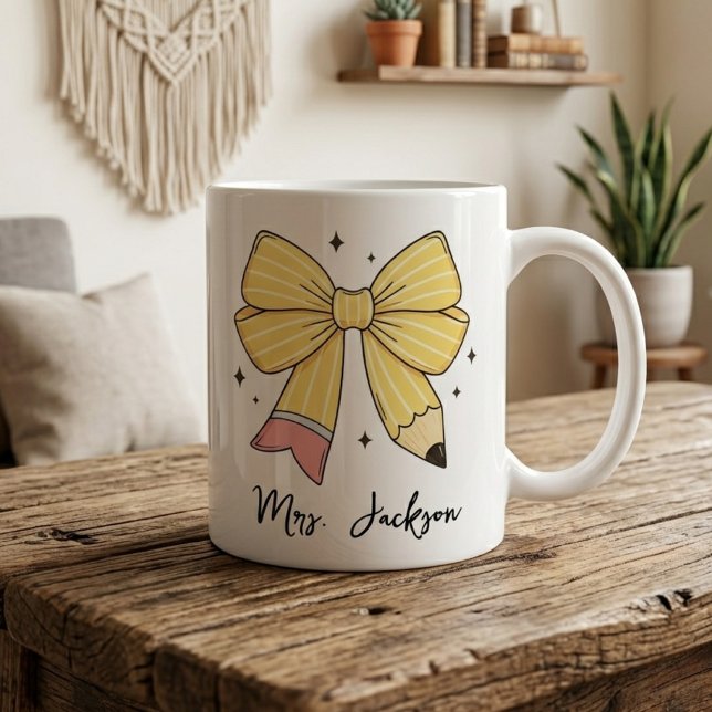 Lehrerbeste Würdigung | Individueller Bleistiftbog Kaffeetasse (Kindergarten Teacher Coffee Cup | Retro Teacher Aesthetic Pencil Bow Mug | Back To School Gift)