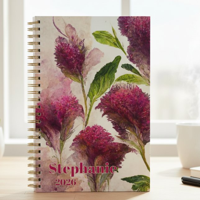 Lehrerexamen Wildblumen Botanik Geschenk Planer (Artistic magenta celosia wildflower notebook — a perfect 2026 graduation gift for her or teacher.)