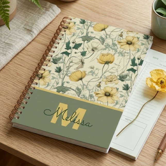 Lehrerexamen Wildblumen Botanik Geschenk Planer (Vintage yellow wildflower pattern notebook — a perfect graduation gift for her or teacher thank you.)