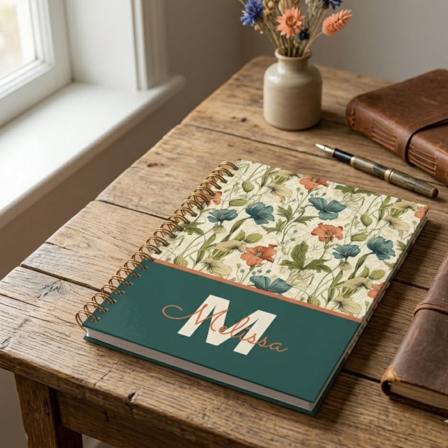 Lehrerexamen Wildblumen Botanik Geschenk Planer (Vintage teal and orange wildflower pattern notebook — a perfect graduation gift for her or teacher.)
