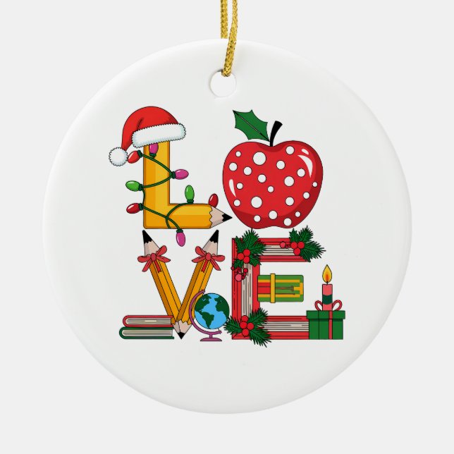 Lehrergeschenk | Liebe Bleistift Apfel Bücher Keramik Ornament (Vorne)