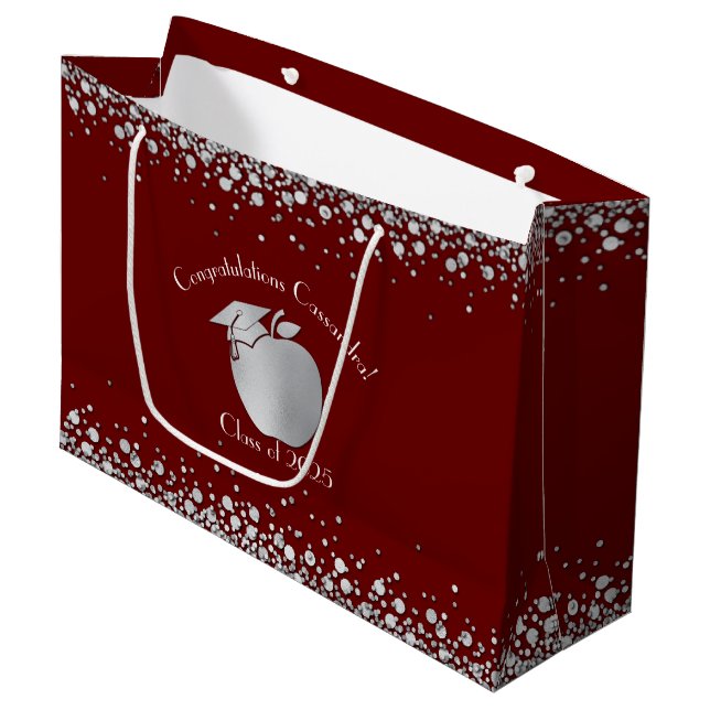 Lehrerin Bildung Abschluss Maroon Silver Große Geschenktüte (Vorderseite Schrägansicht)