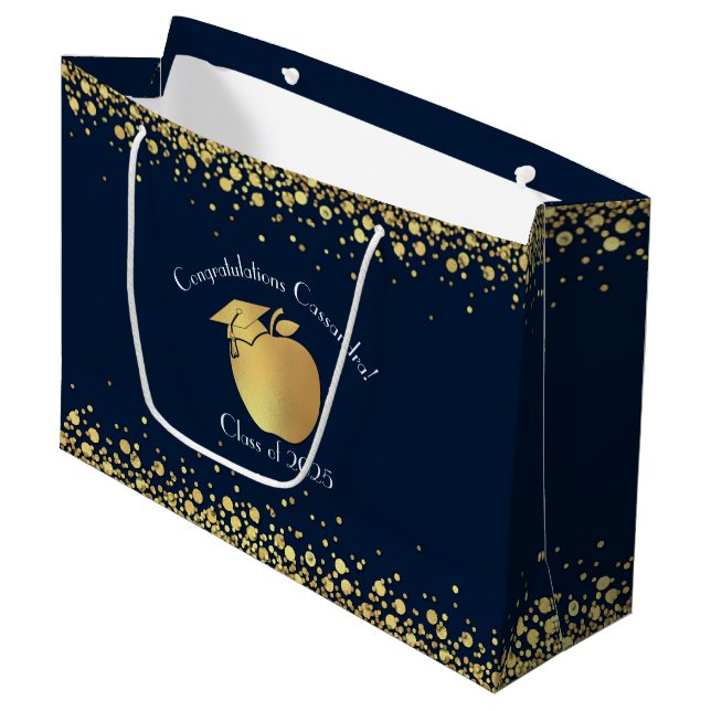 Lehrerin Bildung Abschluss Navy Blue Gold Große Geschenktüte (Vorderseite Schrägansicht)