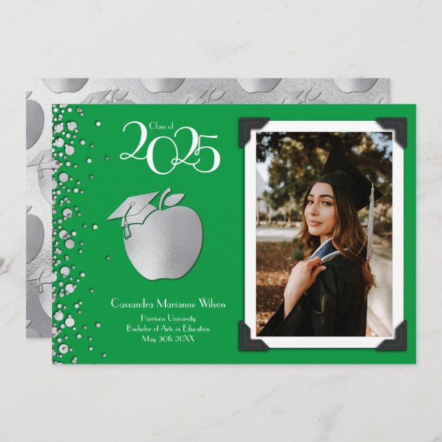 Lehrerin Bildung Silver Abschluss Green Einladung (Vorne/Hinten)