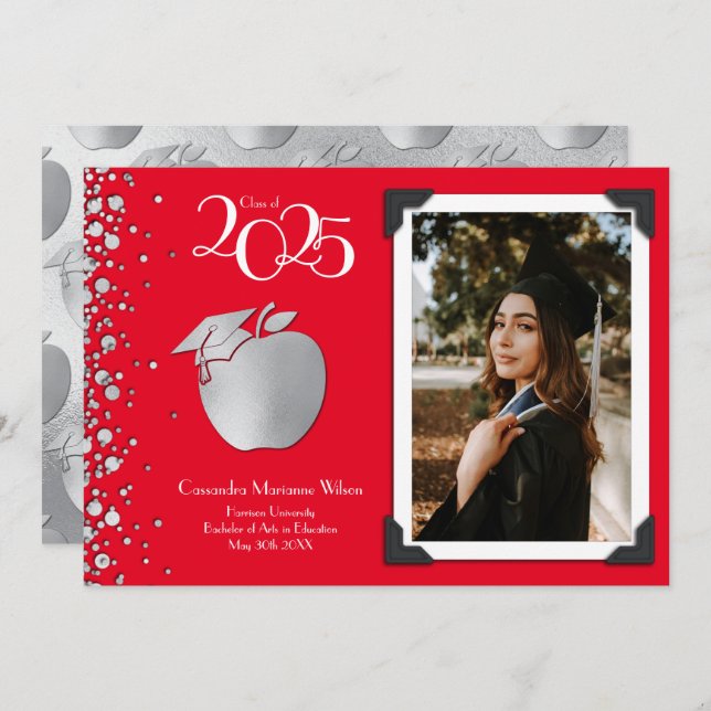 Lehrerin Bildung Silver Abschluss Red Einladung (Vorne/Hinten)