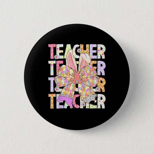 Lehrerin Bunny Coquette Bow Pencil Bunny Ostertag Button (Vorderseite)