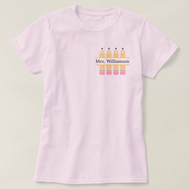 Lehrerin Individuelle Name Gelber Stift T-Shirt (Design vorne)