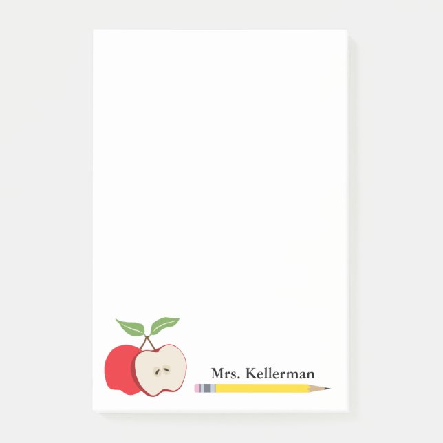 Lehrerin Name Red Apple Yellow Pencil School 4 x 6 Post-it Klebezettel (Vorderseite)