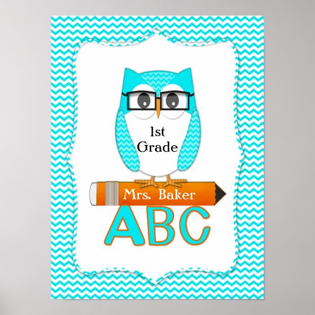 Lehrerin Owl Zickzack Aquamarines Poster (Vorne)