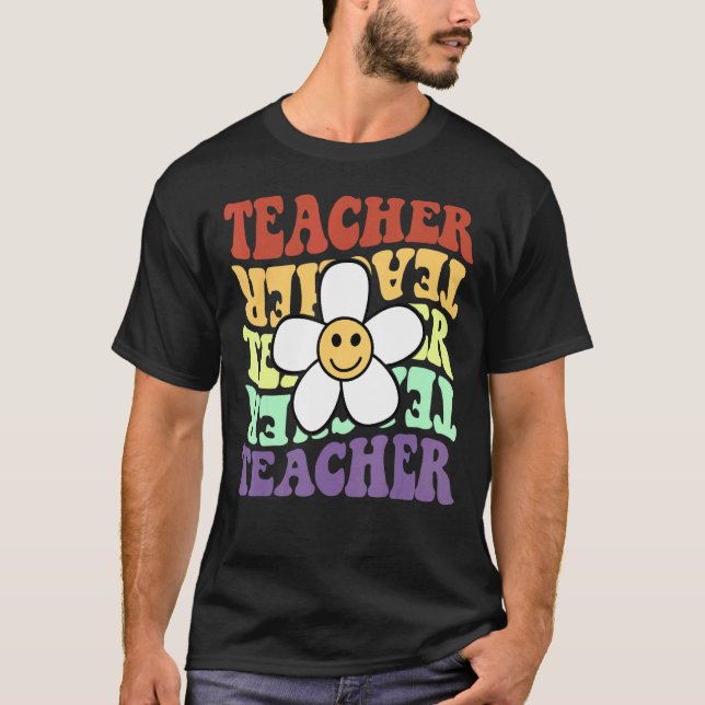 Lehrerin Retro Sonnenblumen lächeln Gesicht zurück T-Shirt (Vorderseite)