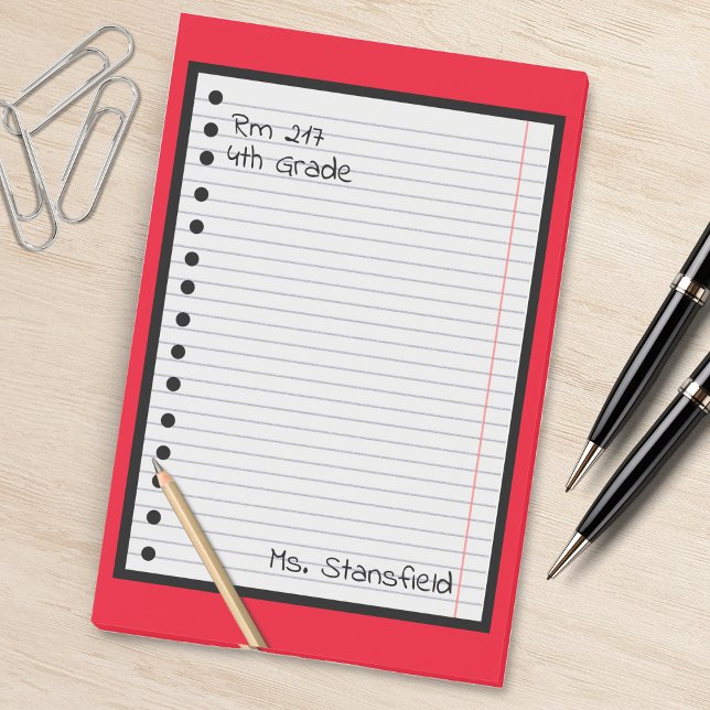 Lehrerin Student Papier Klasse Lose Leaf Papier Post-it Klebezettel (red lined paper pencil school teacher notepad)