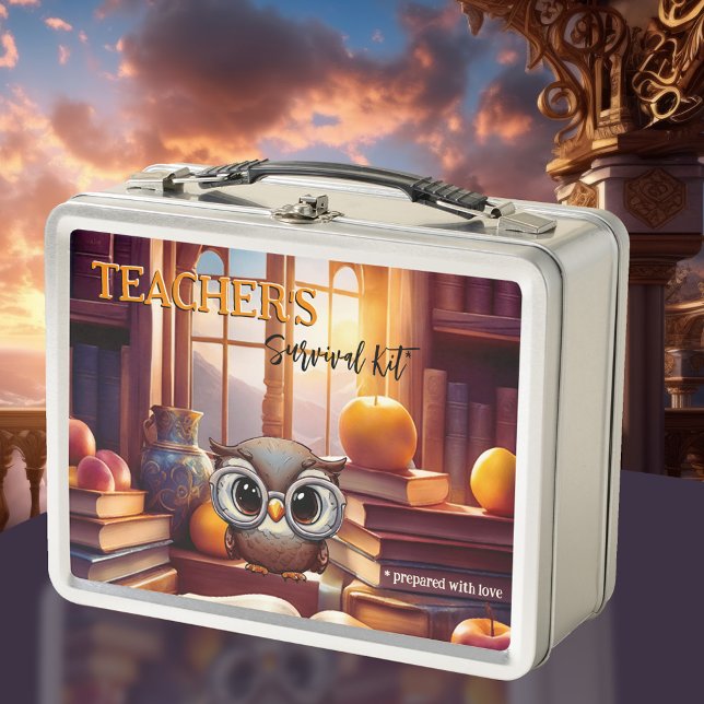 Lehrerin Überlebenskit Bücher Äpfel Metall Brotdose (Teacher Lunch Box featuring a funny design with an owl surrounded by books and lots of apples.)