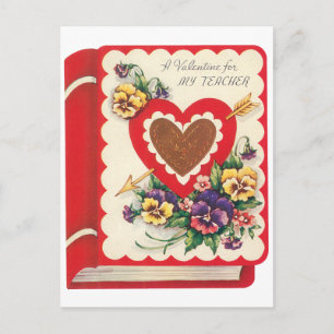 Lehrerin Valentine, Vintage Buchherzen und Blume Feiertagspostkarte