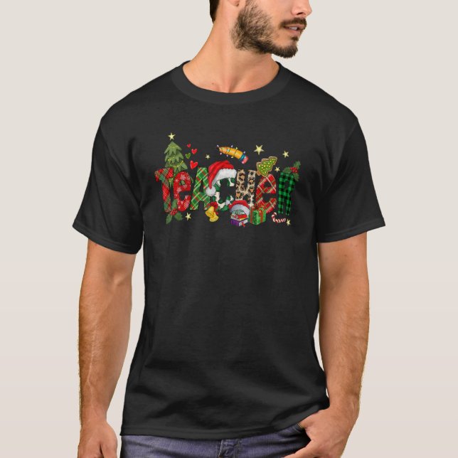 Lehrerin Weihnachtsbücher Santa Leopard Karierte K T-Shirt (Vorderseite)