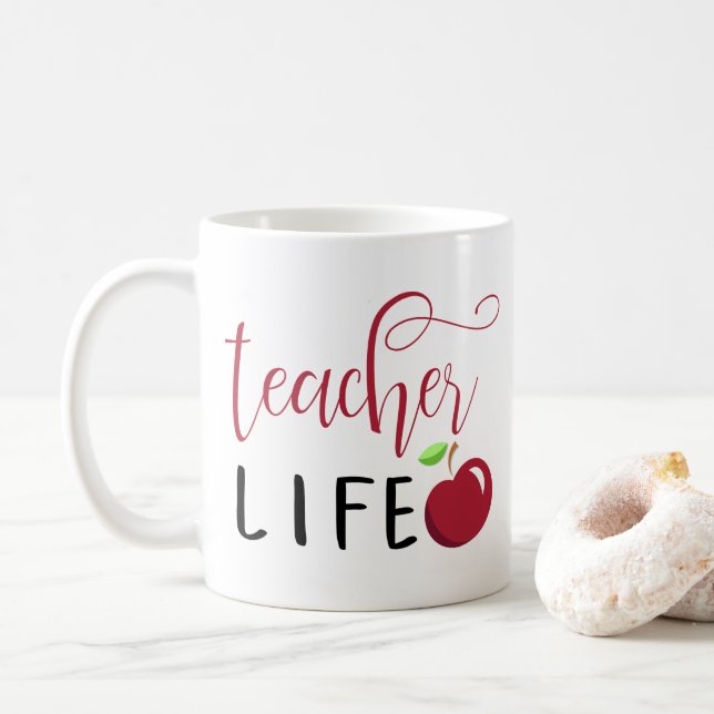 Lehrerleben Rote Apfeltypografie Lehrer Kaffeetasse (Mit Donut)