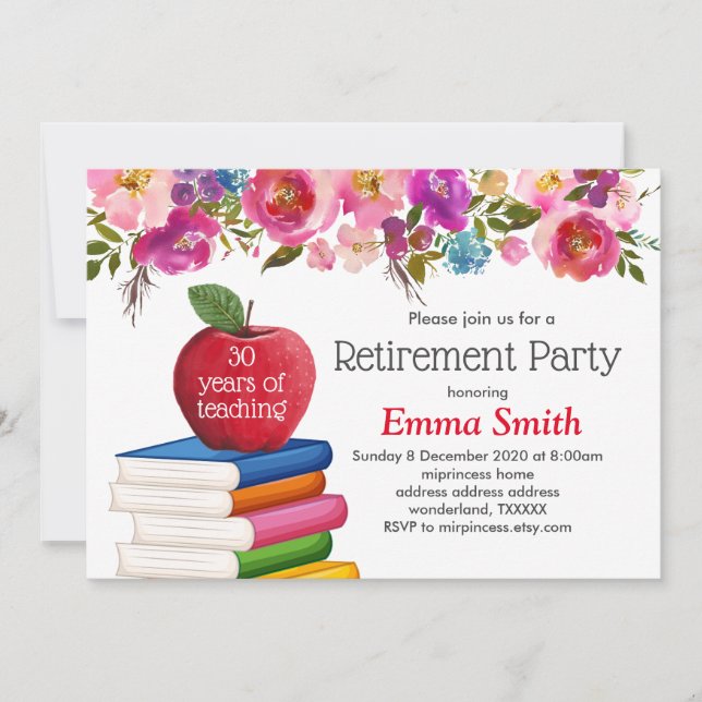 Lehrerrente , Apple, Lehrer, der sich in Rente set Einladung (Vorderseite)