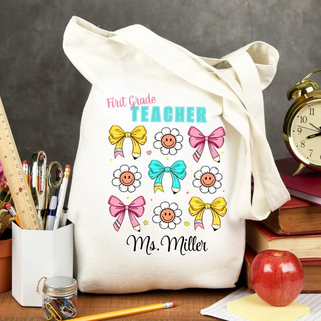 Lehrerschule Niedlich Bow Pencil Lächeln Name Tragetasche (Teacher School Cute Bow Pencil Smile Name Tote Bag)