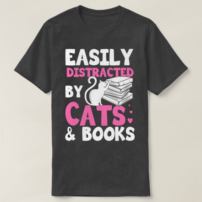 Leicht abgelenkt von Katzen und Büchern Geschenk T-Shirt (Design vorne)