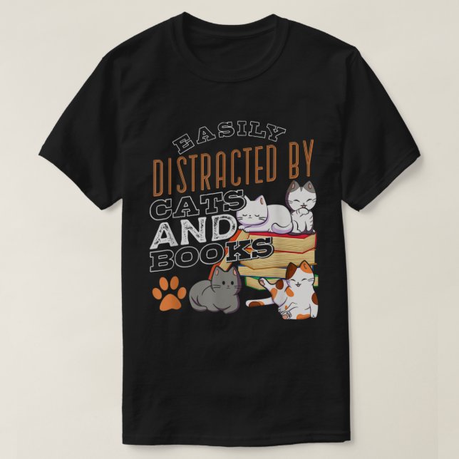 Leicht abgelenkt von Katzen und Büchern schwarze K T-Shirt (Design vorne)