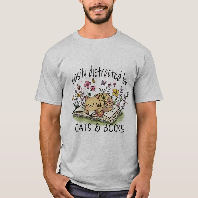 Leicht abgelenkt von Katzen und Büchern T-Shirt (Vorderseite)