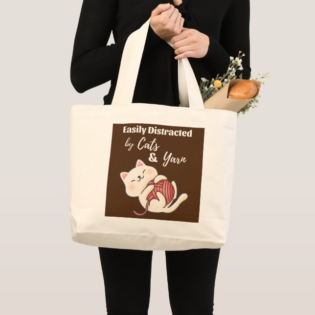 Leicht abgelenkt von Katzen und Garn Funny Crochet Jumbo Stoffbeutel (Vorderseite (Produkt))