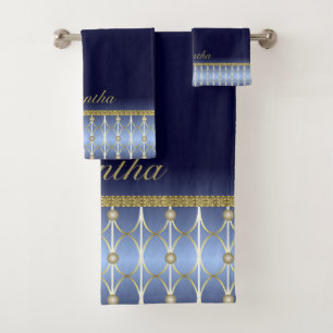 Leicht blau, Navy Blue und Gold Gemustert Badhandtuch Set
