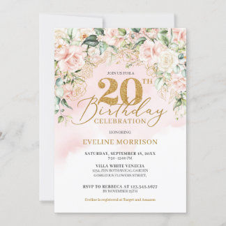 Leicht rosa Rose grün Gold 20. Geburtstag Einladung