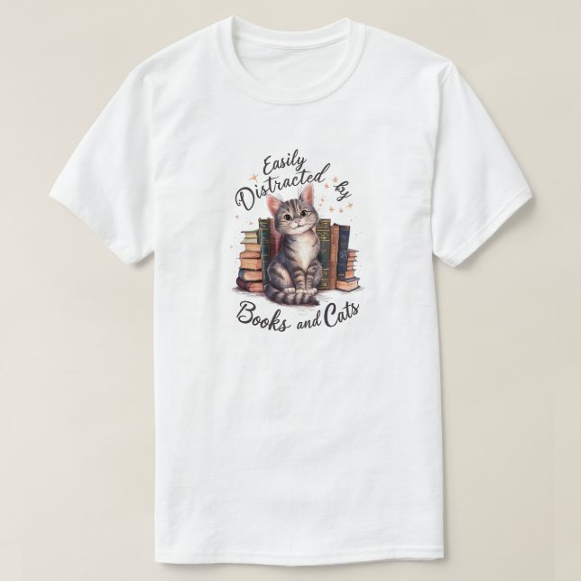 Leicht von Büchern und Katzen abgelenkt T-Shirt (Design vorne)