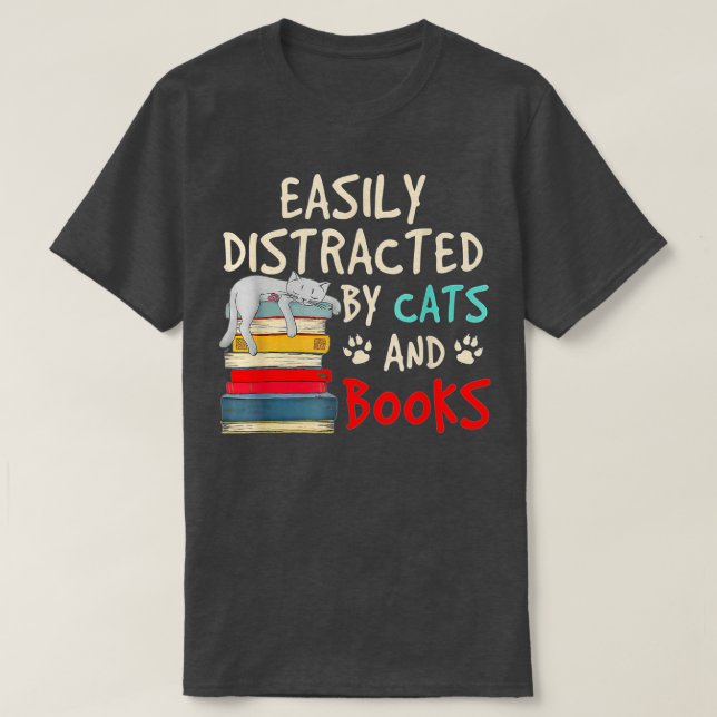 Leicht von Katzen und Büchern abgelenkt - Cat-Book T-Shirt (Design vorne)