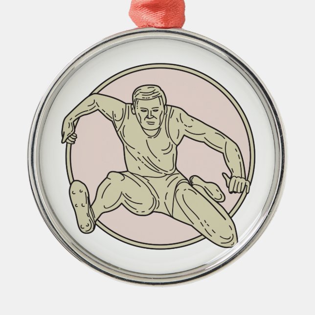 Leichtathlet-Hürden-Kreis-Monolinie Silbernes Ornament (Vorne)