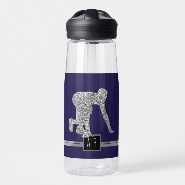 Leichtathletikläufer Faux-Silber-Glitter-Monogramm Trinkflasche (Vorne)