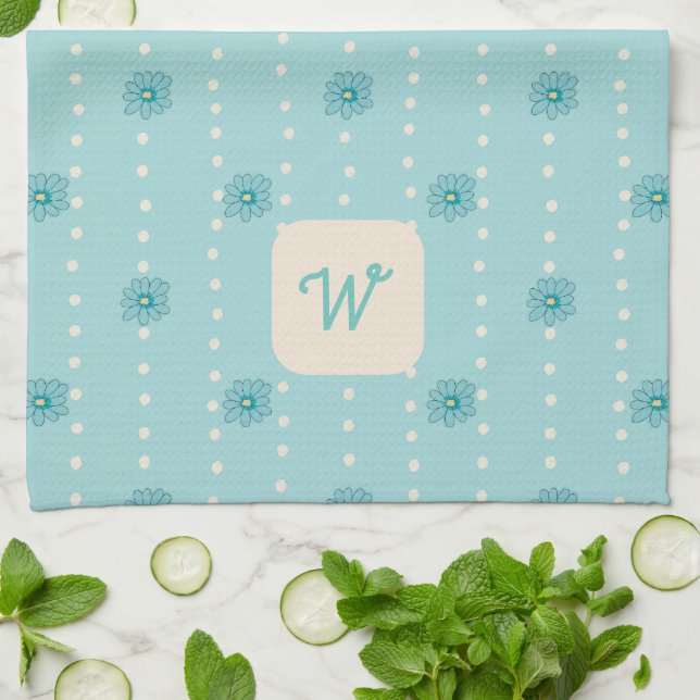 Leichte Aquamarine florale Monogram Küche Handtuch (Gefaltet)